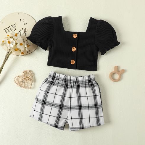 2pcs Baby Girl 95% Cotton Ribbed Puff-sleeve Square Neck Button Up Crop Top and Plaid Shorts Set