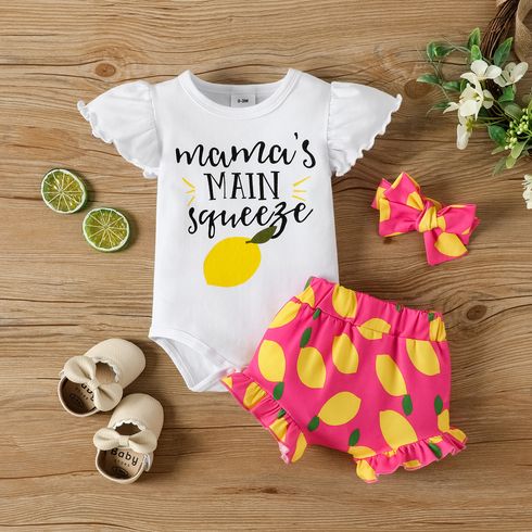 3pcs Baby Girl 95% Cotton Flutter-sleeve Letter & Lemon Print Romper and Shorts with Headband Set