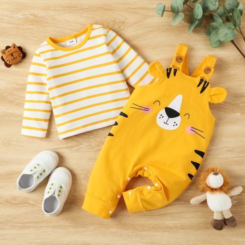 2pcs Baby Boy/Girl 95% Cotton Cartoon Tiger Print Overalls and Long-sleeve Striped Tee Set