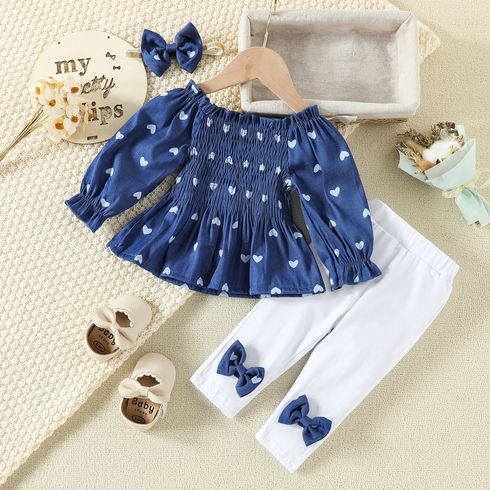 3pcs Baby Girl 95% Cotton Bow Decor Leggings and Allover Heart Print Long-sleeve Shirred Denim Top with Headband Set
