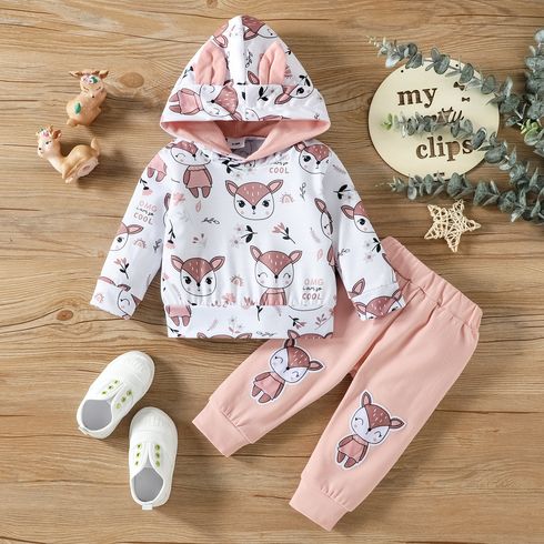 2pcs Baby Girl 95% Cotton Animal Print Sweatpants and Long-sleeve Hoodie Set