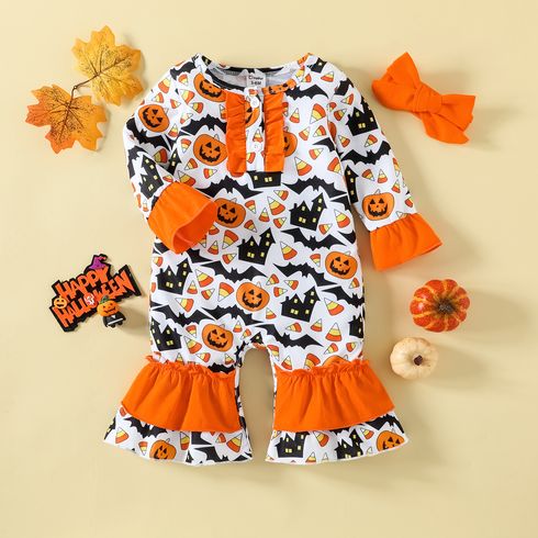 Halloween 2pcs Baby Girl Allover Pumpkin Print Spliced Ruffle Trim Long-sleeve Bell Bottom Jumpsuit with Headband Set