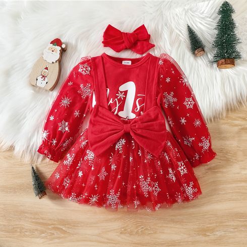 Christmas 3pcs Baby Girl 95% Cotton Long-sleeve Letter Print Red Romper and Bow Front Glitter Snowflake Mesh Suspender Skirt with Headband Set