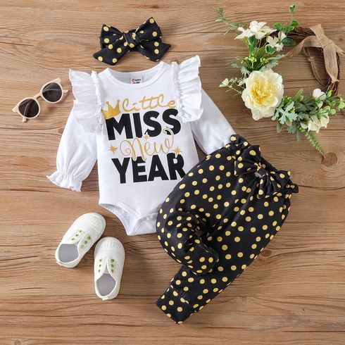 New Year 3pcs Baby Girl 95% Cotton Ruffle Long-sleeve Letter Print Romper and Polka Dot Bow Front Pants with Headband Set