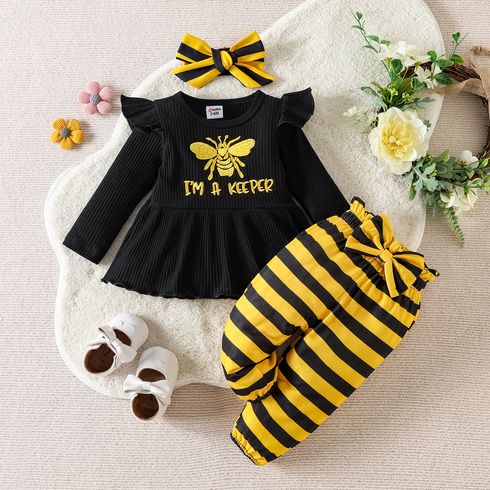 3pcs Baby Girl Bee & Letter Embroidered Rib Knit Ruffle Long-sleeve Top and Striped Pants with Headband Set