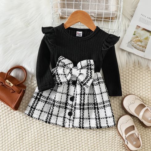 Baby Girl Solid Rib Knit Ruffle Long-sleeve Spliced Tweed Bow Front Dress
