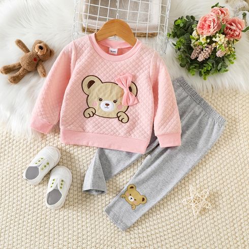 2pcs Baby Girl 95% Cotton Pants and Bear Embroidered Bow Front Long-sleeve Textured Sweatshirt Set