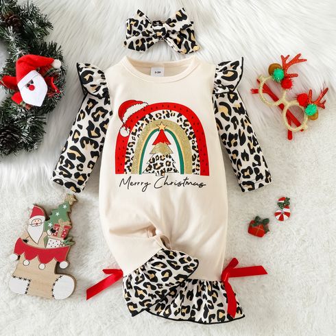Christmas 2pcs Baby Girl 95% Cotton Long-sleeve Leopard Ruffle Spliced Xmas Tree & Rainbow Print Jumpsuit with Headband Set