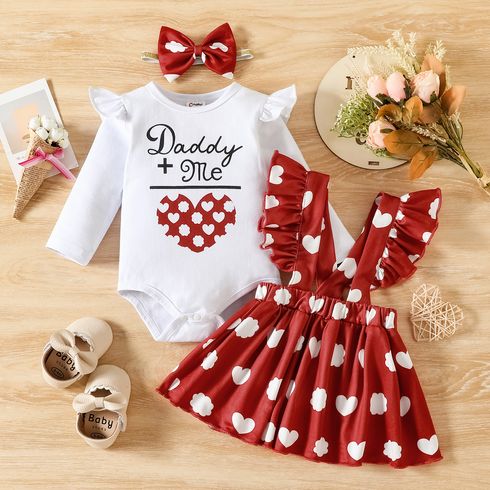 3pcs Baby Girl 95% Cotton Long-sleeve Graphic Romper and Allover Heart Print Ruffle Trim Suspender Skirt with Headband Set