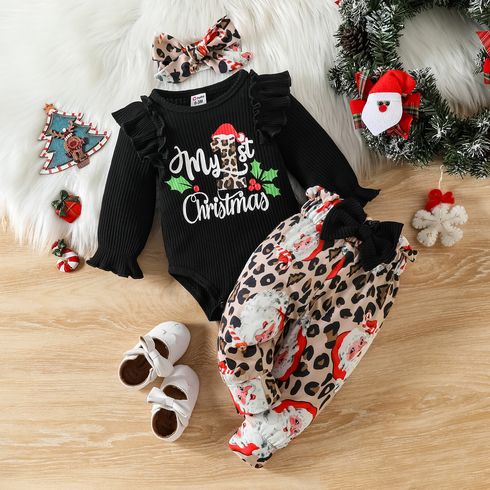 Christmas 3pcs Baby Girl 95% Cotton Ruffle Long-sleeve Letter Graphic Romper and Allover Santa & Leopard Print Pants with Headband Set