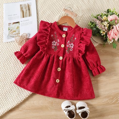 Baby Girl Floral Embroidered Ruffle Trim Long-sleeve Button Front Corduroy Dress
