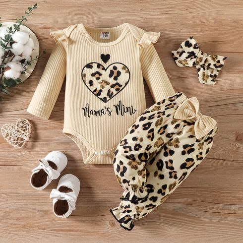 3pcs Baby Girl 95% Cotton Ribbed Ruffle Long-sleeve Heart & Letter Embroidered Romper and Leopard Pants with Headband Set