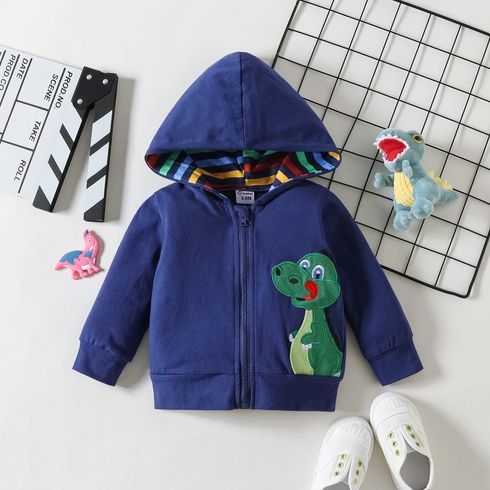 Baby Boy 95% Cotton Striped Lined Hooded Long-sleeve Dinosaur Embroidered Zipper Jacket