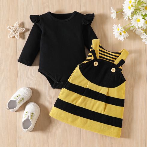 2pcs Baby Girl 95% Cotton Ribbed Ruffle Long-sleeve Romper and Two Tone Corduroy Overall Dress Set