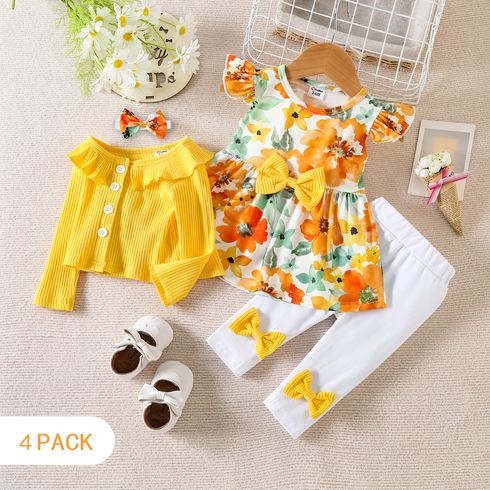 3-Pack Baby Girl 95% Cotton Rib Knit Ruffle Cardigan and Bow Front Pants and Allover Floral Print Flutter-sleeve Dress Set