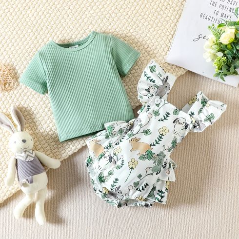 Easter 2pcs Baby Girl 95% Cotton Ribbed Short-sleeve Tee and Allover Rabbit Print Layered Ruffle Trim Romper Set