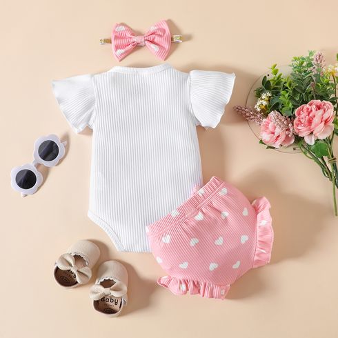 Father's day 3pcs Baby Girl 95% Cotton Letter Print Ribbed Bodysuit and Shorts and Bow Headband Set Pink big image 2