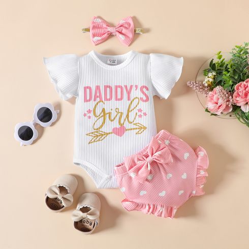 Father's day 3pcs Baby Girl 95% Cotton Letter Print Ribbed Bodysuit and Shorts and Bow Headband Set
