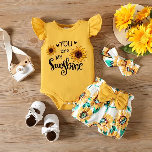 3pcs Baby Girl 95% Cotton Sunflower Print Flutter-sleeve Romper and Bow Front Shorts & Bow Headband Set