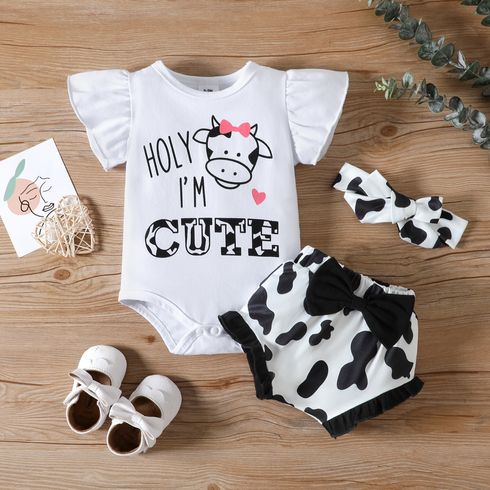 3pcs Baby Girl 95% Cotton Letter Graphic Flutter-sleeve Romper and Bow Front Shorts & Headband Set