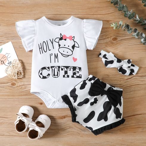 3pcs Baby Girl 95% Cotton Letter Graphic Flutter-sleeve Romper and Bow Front Shorts & Headband Set