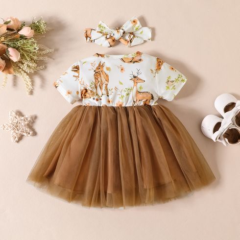 2pcs Baby Girl Animal Print Bow Front Combo Mesh Dress with Headband Brown big image 2