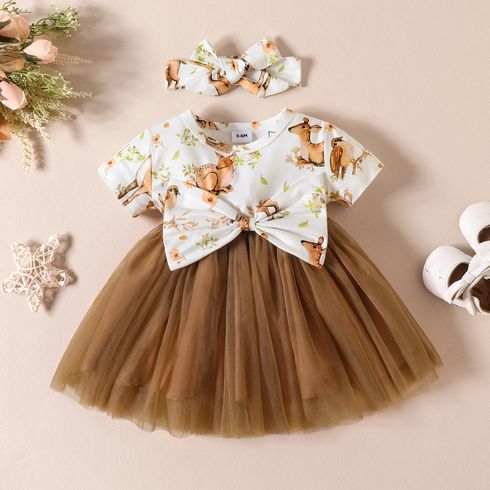 2pcs Baby Girl Animal Print Bow Front Combo Mesh Dress with Headband Brown big image 1