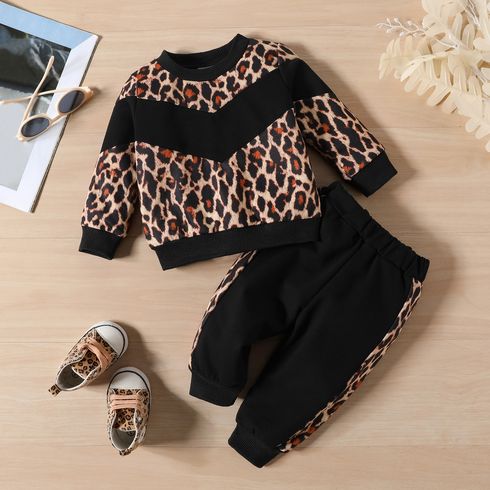 2pcs Baby Girl 95% Cotton Leopard Panel Pullover Sweatshirt and Pants Set 