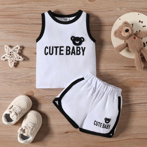 2pcs Baby Boy 95% Cotton Letter Print Bear Graphic Tank Top and Shorts Set 