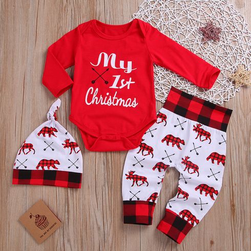 Baby 3pcs Christmas Letter and Animals Print Red Long-sleeve Set
