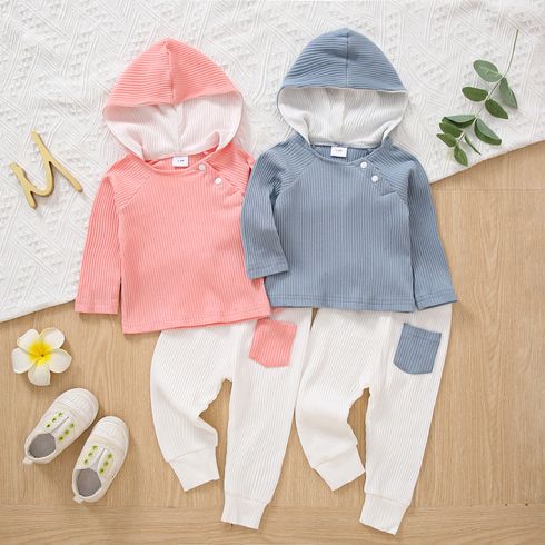 2pcs Baby Boy/Girl Solid Ribbed Long-sleeve Hooded Top and Trousers Set