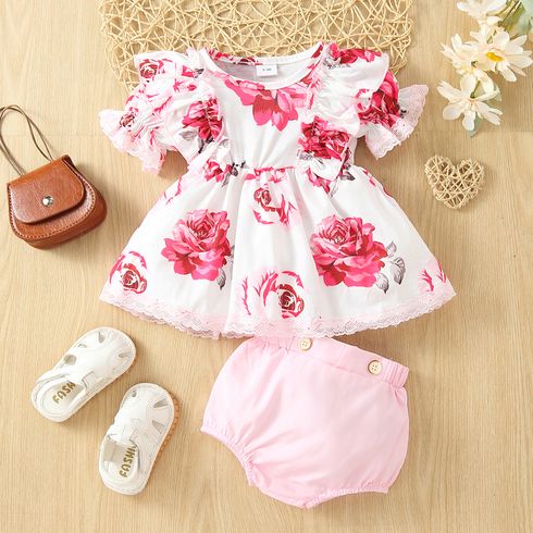 2pcs Baby Girl All Over Floral Print Lace Ruffle Puff Sleeve Dress and Solid Shorts Set