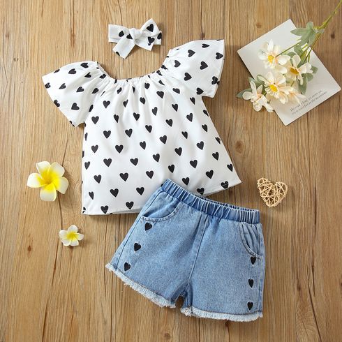 3pcs Baby Girl 100% Cotton Denim Shorts and Allover Love Heart Print Short-sleeve Top with Headband Set