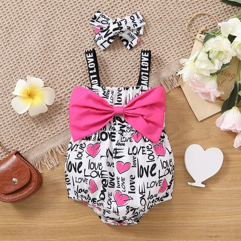 2pcs Baby Girl Bow Front Allover Love Heart & Letter Print Cami Romper with Headband Set