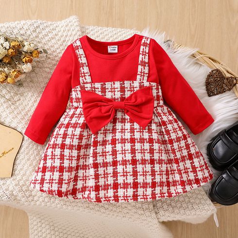 Christmas Baby Boy Red Bow Front Tweed Spliced Long-sleeve Dress