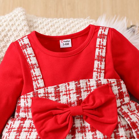 طفل رضيع القوس الأحمر القوس تويد تقسم فستان طويل الأكمام أحمر big image 3