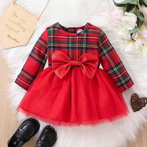 Christmas Baby Girl Red Plaid Long-sleeve Spliced Bow Front Mesh Party Dress