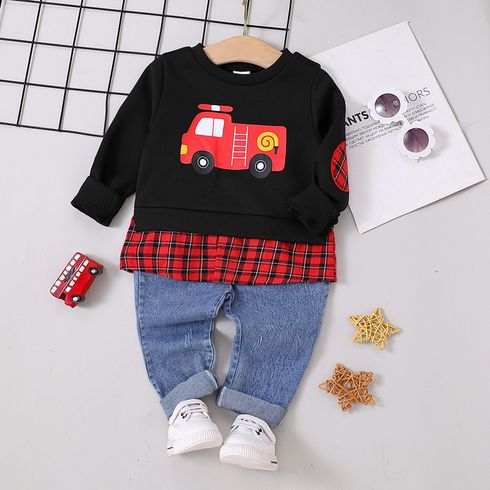 2pcs Toddler Boy Playful Denim Jeans and Faux-two Vehicle Print Sweatshirt Set