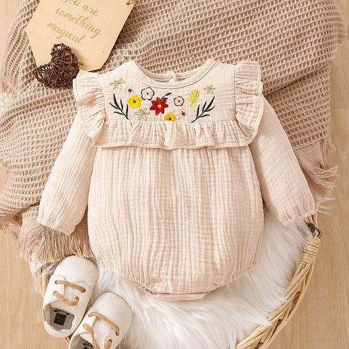 100% Cotton Baby Girl Floral Embroidered Ruffle Trim Long-sleeve Crepe Romper