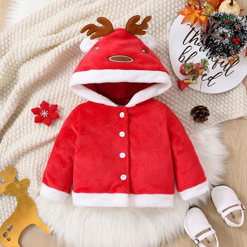 Christmas Baby Boy/Girl Red Thermal Fleece Long-sleeve 3D Antler Hooded Jacket