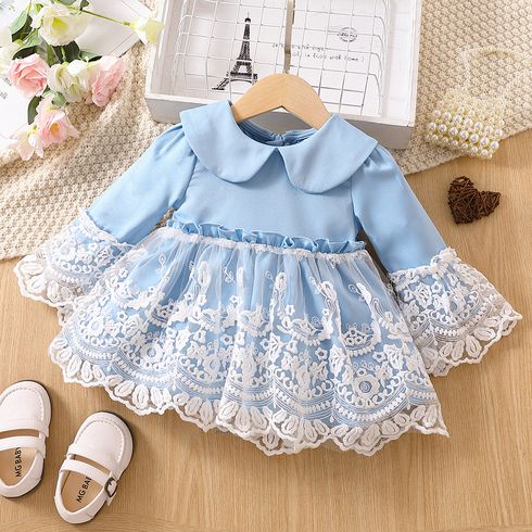 Baby Girl Blue Peter Pan Collar Flare-sleeve Lace Mesh Party Dress