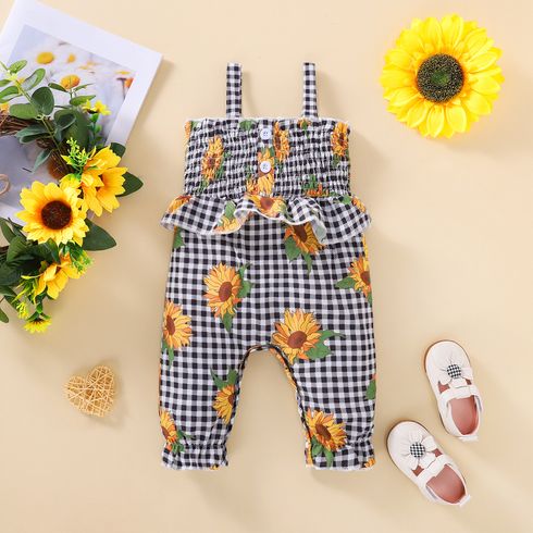 Baby Girl Allover Sunflower Print Black and White Spaghetti Strap Shirred Ruffle Jumpsuit