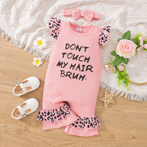 2pcs Baby Girl Leopard Flutter-sleeve Letter Print Rib Knit Bell Bottom Jumpsuit with Headband Set