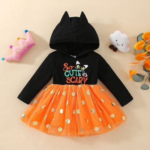 Halloween Baby Girl 95% Cotton Hooded Long-sleeve Letter Print Spliced Polka Dot Mesh Dress