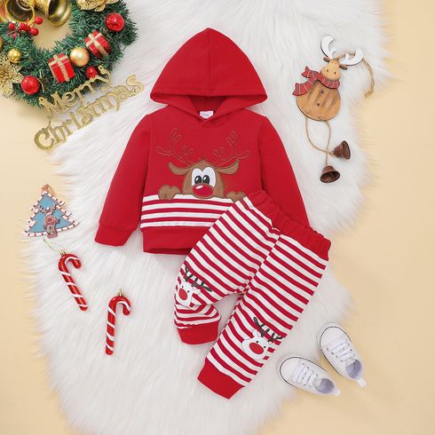 Christmas 2pcs Baby Boy/Girl Deer Embroidered Long-sleeve Hoodie and Striped Sweatpants Set