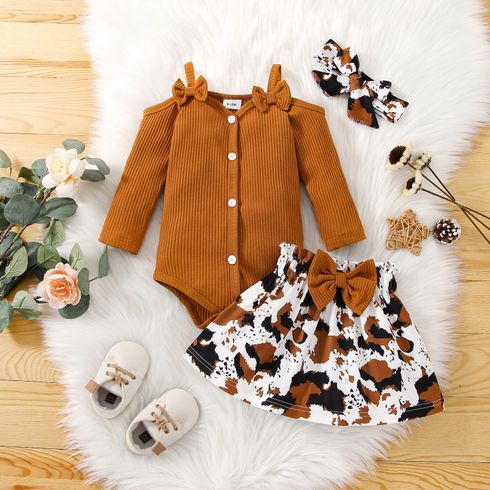 3pcs Baby Girl 95% Cotton Rib Knit Cold Shoulder Long-sleeve Bow Front Button Romper and Cow Print Skirt with Headband Set