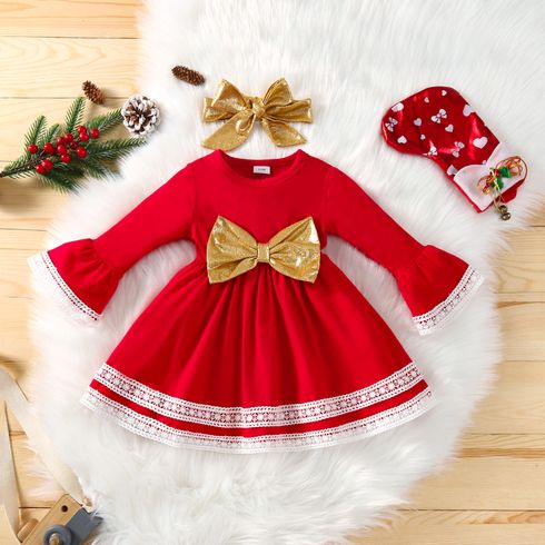 Christmas 2pcs Baby Girl Red Flare-sleeve Bow Front Lace Trim Dress with Headband Set