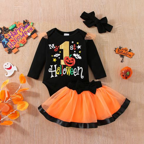 Halloween 3pcs Baby Girl 95% Cotton Long-sleeve Letter Print Romper and Mesh Tutu Skirt with Headband Set