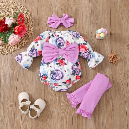 3pcs Baby Girl Allover Floral Print Flare-sleeve Bow Front Romper and Headband with Calf Sleeves Set
