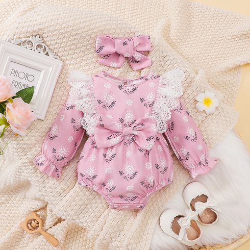 2pcs Baby Girl Allover Floral Print Corduroy Spliced Lace Long-sleeve Bow Front Romper with Headband Set